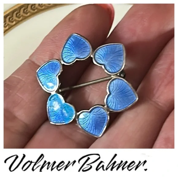 Volmer Bahner Sterling Silver and Blue Guilloche Enamel Heart Wreath Brooch - Picture 1 of 7